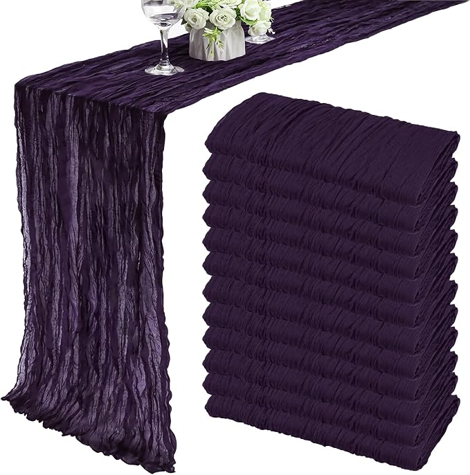12 Pack Cheesecloth Table Runner 35x72 Inch Boho Gauze Table Runner Rustic Cheese Cloth Long Romantic Table Runners for Wedding Bridal Shower Birthday Party Table Decor (Dark Purple)