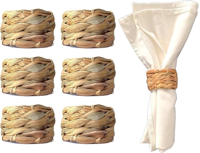Set 6 Water Hyacinth Napkin Rings, Handwoven by Laquedecraft | Fits Most Cloth Napkins, Reusable, Easy to Clean, Perfect for Everyday Dining & Holiday Entertaining