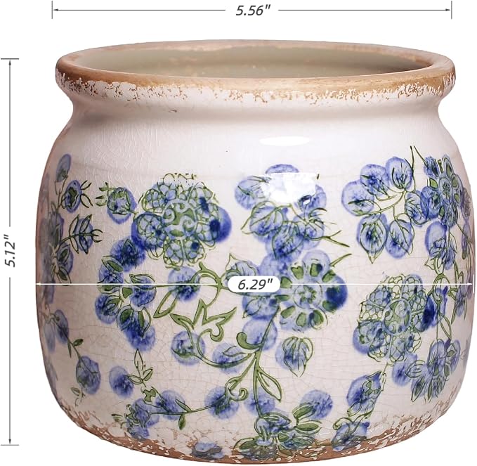 Vintage Cottage Ceramic Planters, French Flower Pot & Vase with Drainage | 6.29" Rustic Country Crackle Glaze Plant Pots for Indoor/Outdoor, Blue and Green Floral Vases, Home Decor Gifts