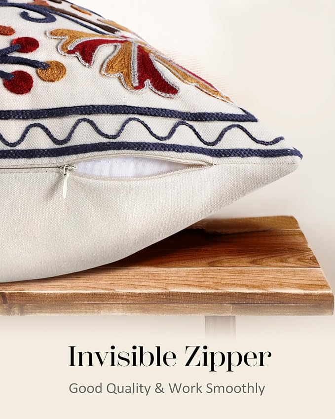 Embroidered Throw Pillow Cover - 18x18 Decorative Pillow Cover with Zipper Aesthetic Cute Design Boho Spring Summer Throw Pillowcase for Living Room Couch Sofa Bed, Fall Flower