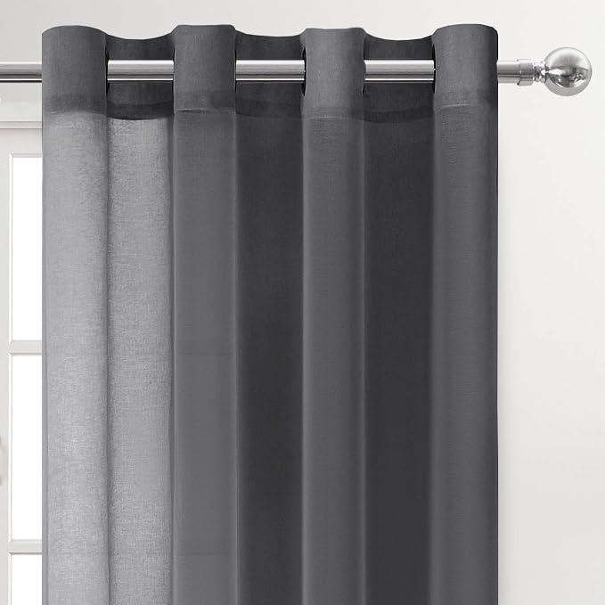 DWCN Semi Sheer Curtains, Grommet Top Window Drapes for Bedroom Living Room, Faux Linen Look Voile Transparent Solid Sheer Curtains Set of 2 Panels 52 x 95 Inches Long, Dark Grey