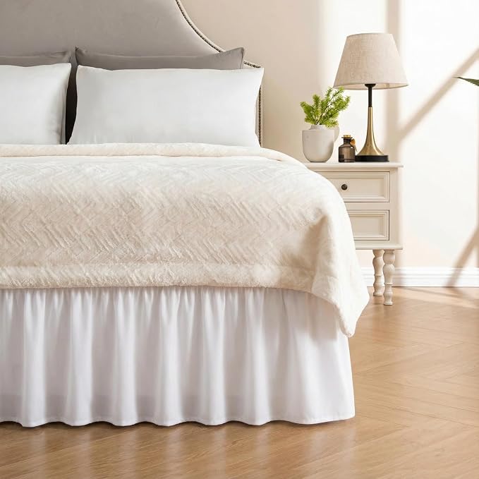 MIYE Wrap Around Ruffled Lace Bed Skirt, Elastic Dust Ruffle with Adjustable Belts, Easy to Put On, Bed Frame Cover, Machine Washable (Classic/White, King/Queen-15 Drop)