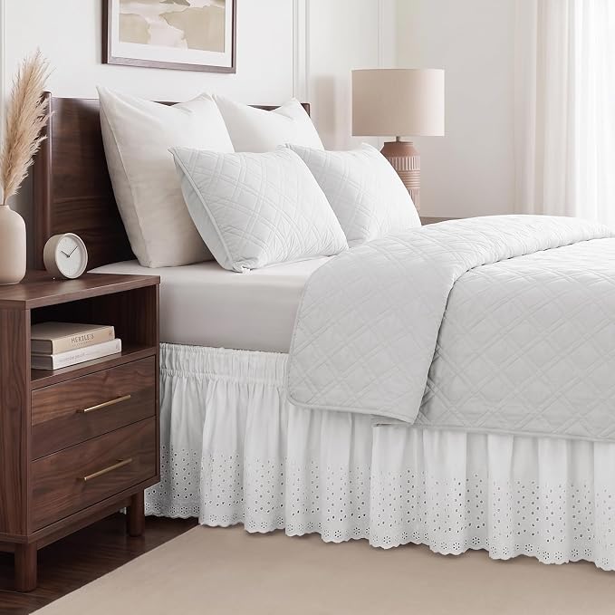 King Bed Skirt 14" Drop, Elastic Wrap Eyelet Embroidery Dust Ruffle, White | Hides Underbed Storage, No Mattress Lifting, Elastic Stays Put, Soft Fabric, Machine Washable, Polished Look