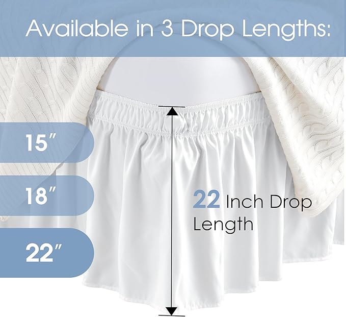 FreshCulture King Bed Skirt, Dust Ruffle for King Size Bed, Easy Fit with 22-Inch Tailored Drop, Elastic Wrap Around Bed Skirt King Size, Hotel Quality Bed Skirts for Adjustable Bed (White)