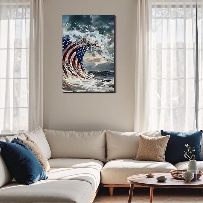 Framed American Flag Ocean Wave Wall Art, Patriotic Abstract Canvas Art Pictures, USA Flag Wall Decor, Made in USA Ready to Hang for Living Room Bar