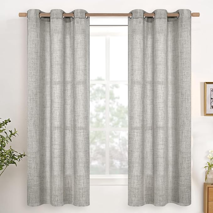 YoungsTex Dark Grey Linen Semi Sheer Curtains 42 X 63 Inch Length | Textured Light Filtering Drapes with Bronze Grommet for Short Living Room Bedroom Window, 2 Panels