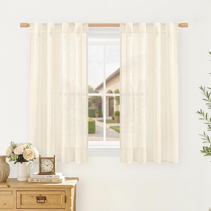 45 Inch Linen Sheer Curtains for Bedroom 2 Panels, Beige | Light Filtering, Short, Bathroom Curtains, Window Panels for Small Windows, Basement, Back Tab Rod Pocket, 34 x 45 Inch