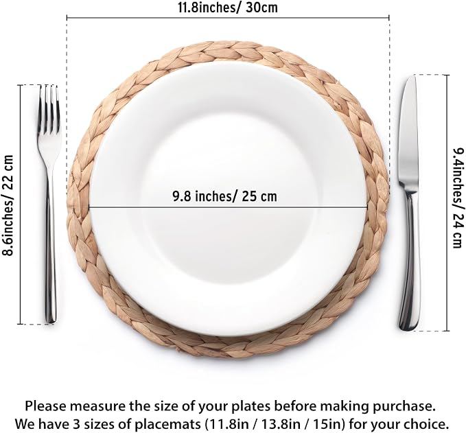 YANGQIHOME 6 Pack, Round Woven Placemats, Natural Water Hyacinth Wicker Place mats, Braided Straw Table Mats, Charger Plates for Dining Table, Fall, Thanksgiving, Christmas (11.8 inch)