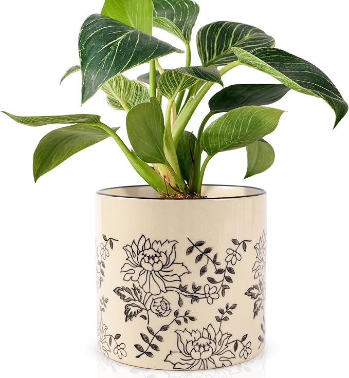 STHIE Indoor Ceramic Plant Pots with Drainage Holes, 5 Inch, Peony Design