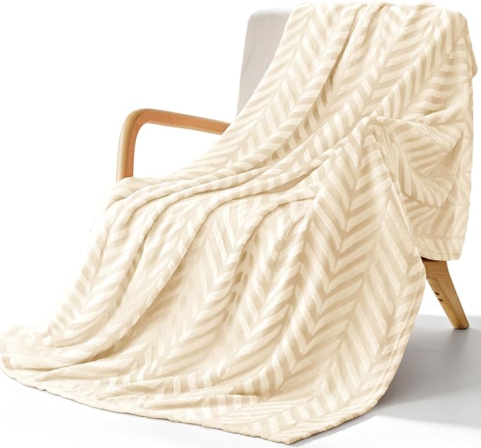 Whale Flotilla Flannel Fleece Throw Blanket for Couch, Ivory | Lightweight Breathable Soft Sofa Throws, Plush Fluffy Chevron Design Decorative Blankets for All Season, 50x60 Inch
