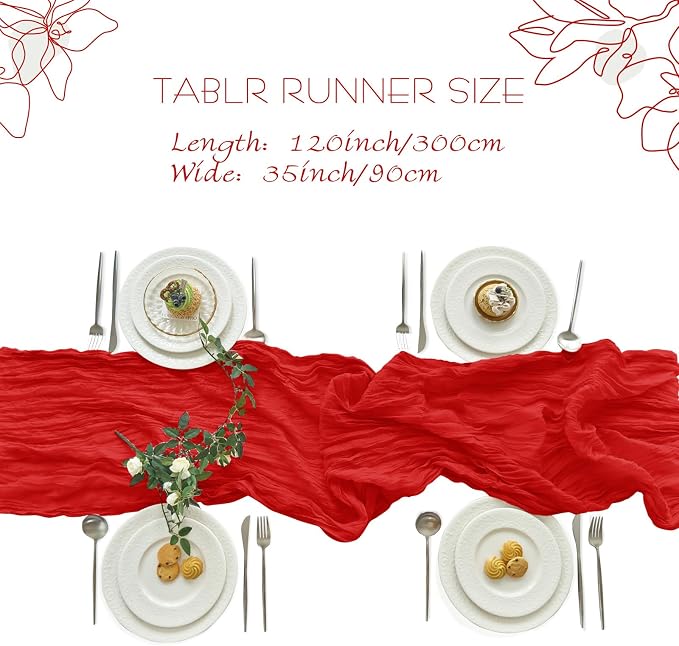 IVAPUPU Red Table Runner 120 Inches for Wedding Birthday Party Home Decor | 2 Pcs Boho Gauze 10FT Cheesecloth Table Runners for Baby Shower Decorations Summer Garden Farmhouse