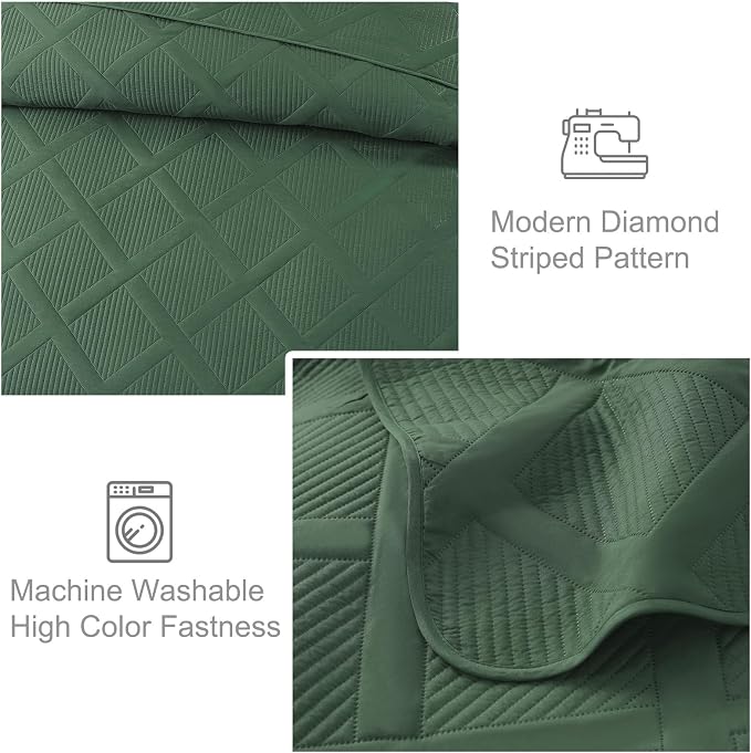 Exclusivo Mezcla California King Size Quilt, Olive Green | Soft Bedspreads with 2 Pillow Shams, Modern Striped Pattern, Lightweight Bedding Set Coverlets for All Seasons, 112x104 Inch