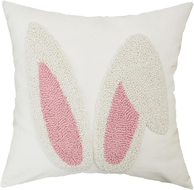 GEEORY Embroidered Easter Bunny Ears Pillow Cover 16x16 Inch, Spring & Easter Decorations Farmhouse Home Decor Throw Pillow Case for Sofa & Bed GX015-1-16