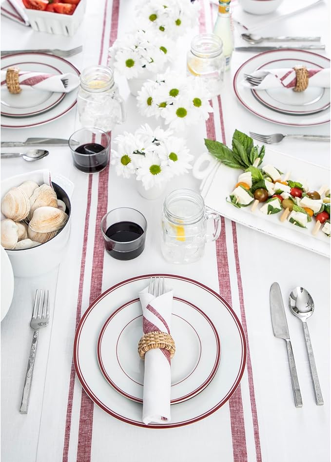 Solino Home 100% Linen Table Runner, 14 x 90 in, Burgundy and White Striped | French Stripe, a graceful centrepiece for dining and gatherings, woven stripe, European flax fibres, soft, OEKO-TEX Certified