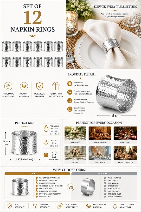 ITOS365 Handmade Round Hammered Silver Napkin Rings Holder for Dinning Table Parties Everyday, Set of 12