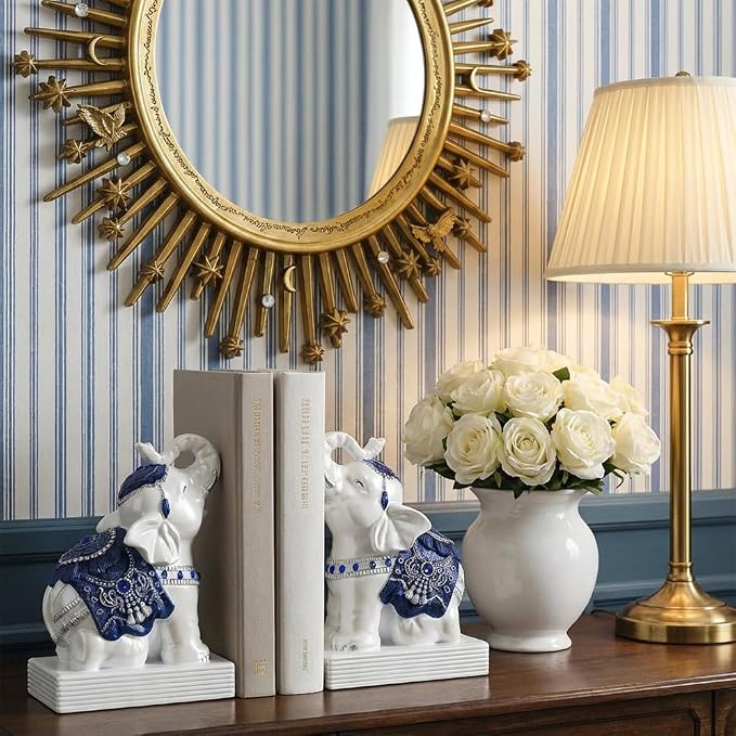 Elephant Bookends for Shelves, Decorative Bookends, Book Holders with Anti-Slip Pad for Book Lovers Heavy Book Stopper for Home Office Decor (Blue&White)