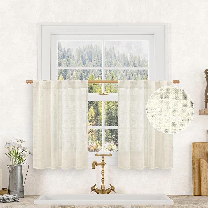 Cafe Linen Curtains for Kitchen Windows Over Sink, 34x30 Inch | Cream Ivory, Semi Sheer Curtain, Light Filtering Panels, Rod Pocket Back Tab Drapes, Small Window, Bathroom, 2 Panels
