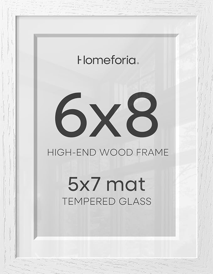 Homeforia 6x8 White Oak Picture Frame, High-End Wood, 5x7 Mat, Glass