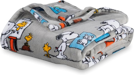 Berkshire Blanket Peanuts® VelvetLoft® Cute Character Snoopy Plush Oversized Throw Blanket, Peanuts Snoopy's Art Class Grey (50in x 60in)