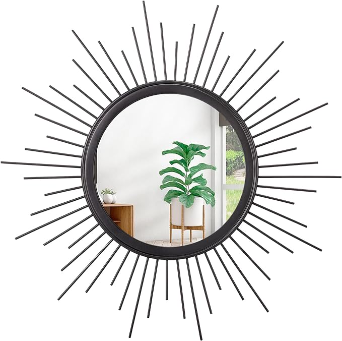 Black Sunburst Wall Mirror Decorative Metal Round Art Mirrors Large Wall Decor Hanging Mirror for Bathroom Bedroom Living Room Vanity Entryway 20"