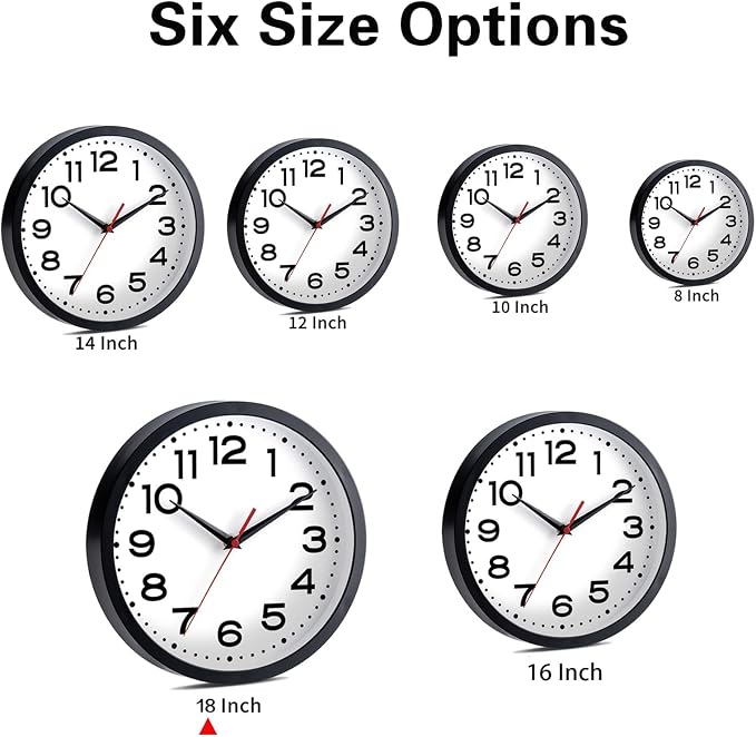 Roymnie 18 Inch Wall Clock, Battery Operated Silent Non Ticking Black | analog wall clock; bold numerals for easy reading; silent non-ticking; 1 AA battery (not included); for classroom