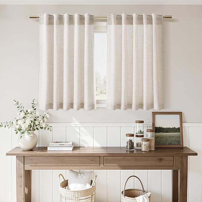 30 Inch Beige Curtains for Kitchen Linen Blend Rustic Farmhouse Short Curtain Back Tab and Rod Pocket Semi Sheer Curtains for Cafe Bathroom Small Window 26 x 30 Inch, 2 Panels