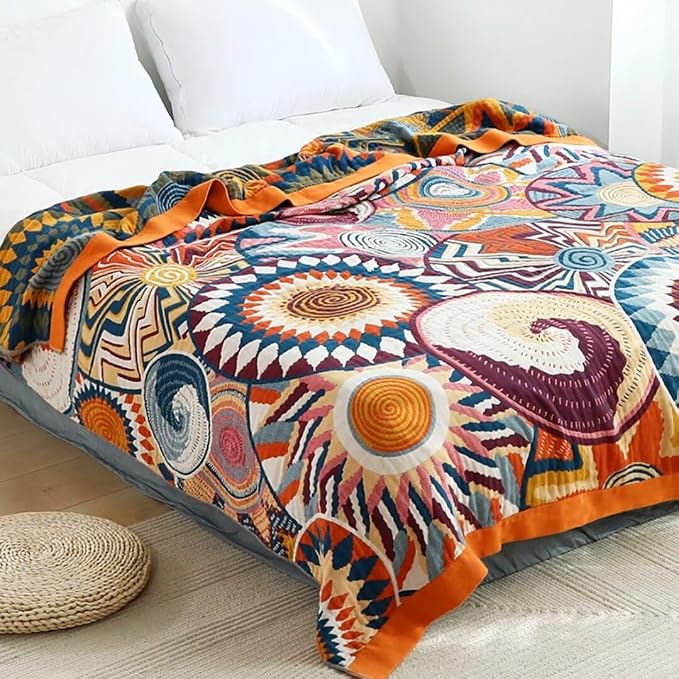 Boho Throw Blanket for Bed 100% Cotton Bohemian Blankets Ultra Soft Woven Muslin Decorative Blankets All Seasons Vintage Quilt Knitted Blanket for Sofa Chair (Colorful, 90"x98")