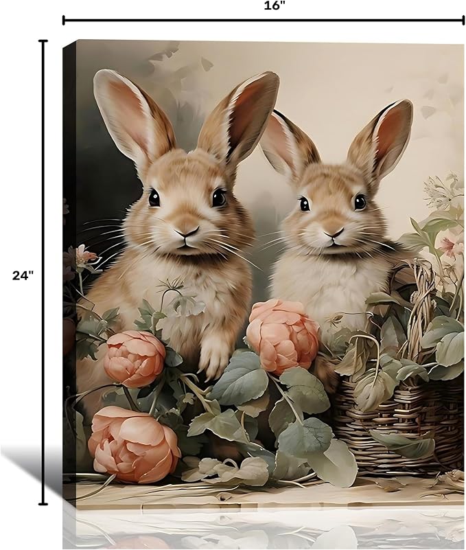 Rustic Bunny & Flowers Canvas Wall Art Framed Rabbit Canvas Prints Picture for Fireplac,Hallway, Farmhouse Spring Easter Wall Decor & Holiday Decoration for Bedroom Bathroom 16x24 In
