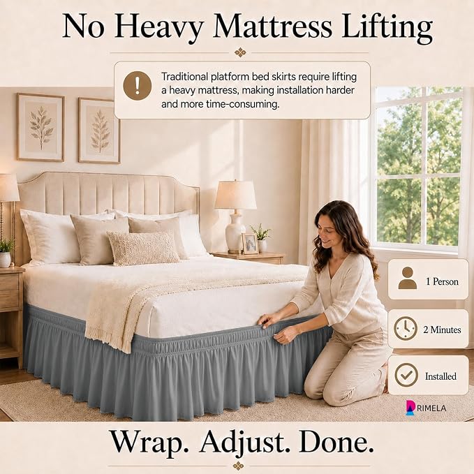Grey Bed Skirt Queen Size 15 Inch Drop, Elastic Wrap Around Bedskirt | Solid Ruffled, Easy to Use, No Mattress Lifting, Wrinkle & Fade Resistant, with Adhesive Strips, Machine Wash/Dry/Iron