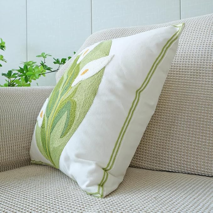 vctops Farmhouse Calla Lily Cotton Tufted Throw Pillow Cover Spring Floral Embroidery Pillowcase Soft Square Cushion Case for Sofa Couch Bed Chair (White C,18"x18")
