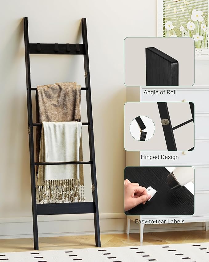 Hzuaneri Blanket Ladder Decorative Quilt Rack with 4 Removable Hooks | 5-Tier Farmhouse Ladder Holder Shelf Organizer for Living Room Bedroom, Black BR02104B