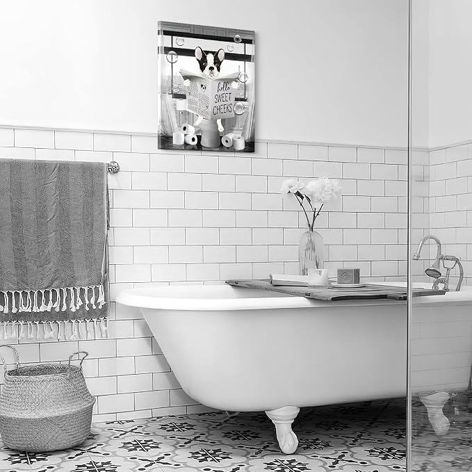 Parylore Funny Bulldog Wall Art Black and White Dog Bathroom Print Farmhouse Bathroom Animals Wall Decor Dog Sitting in Toilet Reading Newspaper Painting Framed Artwork for Toilet Bathroom 16x24 inch