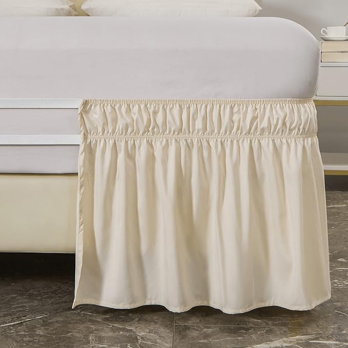 MEILA Wrap Around Elastic Bed Skirt for Twin & Full Beds, 14" Drop, Beige | Three-Side Adjustable Elastic Dust Ruffle, Ruffled Polyester Fabric, Easy to Install, Fade Resistant & Machine Washable