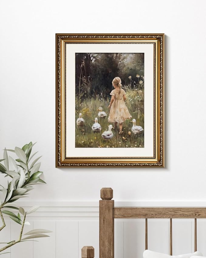 WHASAYART Girl Walking with Ducks Vintage Gold Framed Canvas Wall Art | Rustic Nature Child Scene Wall Decor, Applicable to Nursery Living Room Bedroom Decor, 13x16" Waterproof Canvas Painting