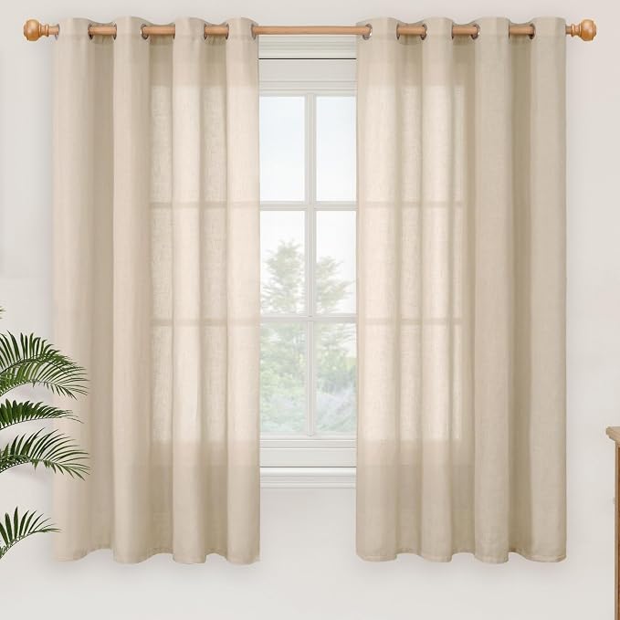 YoungsTex Tan Linen Semi Sheer Curtains 63 Inch Length for Living Room, Light Filtering Drapes with Grommet Lightweight for Bedroom Farmhouse, 2 Panels, 52 X 63 Inch