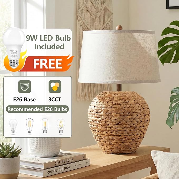 TOBUSA 25’’ Rattan Table Lamp for Living Room, Coastal Boho Wicker Lamp with 3 Color Temperatures, Farmhouse Rustic Seagrass Woven Basket Lamp for Bedroom Nightstand End Table Cottage, Bulb Included