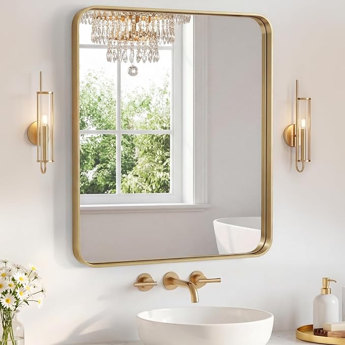 Sweetcrispy Bathroom Mirror 32x28 Inch, Vanity Mirror for Wall | Metal Framed Rounded Rectangle, Over Sink, Farmhouse, Restroom, Anti-Rust, Horizontal or Vertical Hanging, Gold