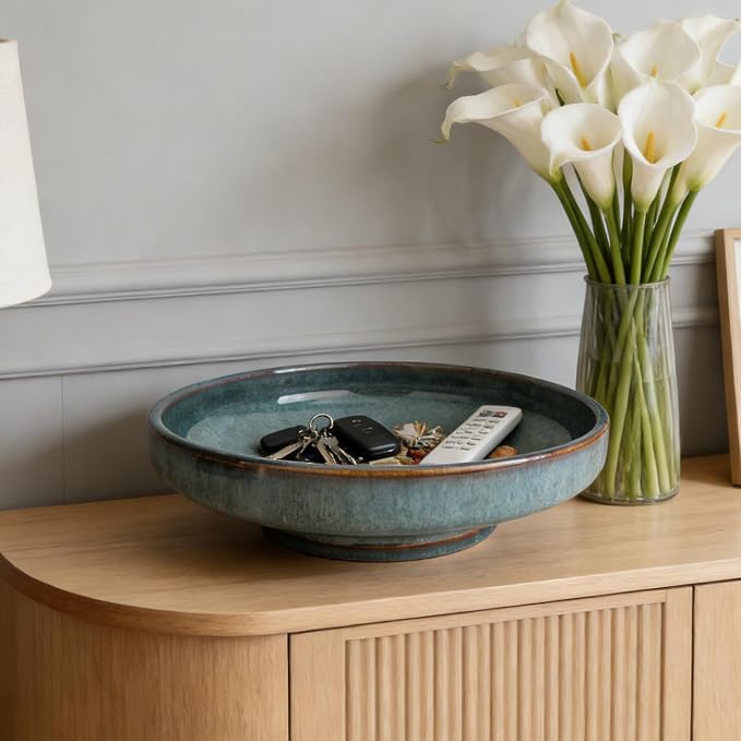 10.24" Blue Ceramic Pedestal Fruit Bowl Large Footed Serving Display Bowl