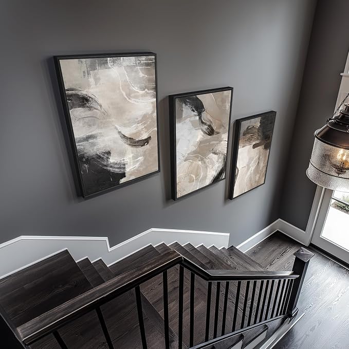 Large Framed Neutral Modern Abstract Wall Art for Living Room, 24x36 In | Black and brown tone pictures, 3 piece minimalist paintings, Canvas prints, Wood frame, Wall decor for bedroom office hallway