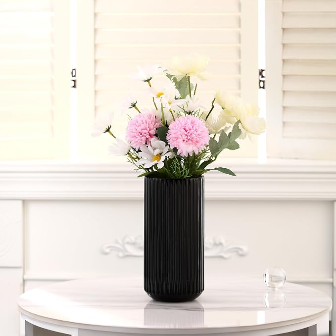 Ribbed Glass Vase,Flower Vase for Bouquet, Black Glass Vases for Flowers, Modern Vases for Living Room, Bathroom, Dining Table, Office, Wedding, Centerpieces, 8 Inches