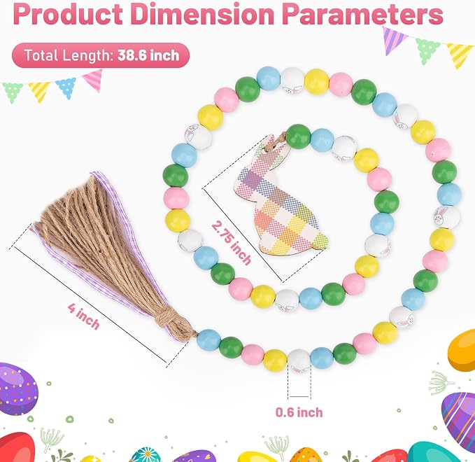 Easter Wood Bead Garland, 38.6" Spring Wood Beads Garland with Tassel, Wooden Beaded Easter Boho Decor Farmhouse Rustic Hanging Decorations for Home Room Wall Tiered Tray Shelf, Plaid Bunny