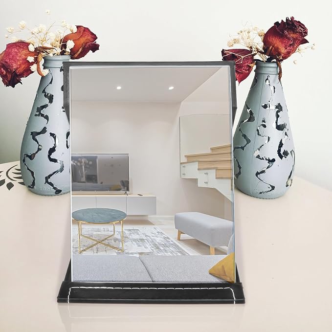 7x10 Inches Makeup Mirror, Portable PU Leather Folding Desktop Vanity Mirror with Adjustable Stand for Vanity Table, Office, Travel (L, Black)