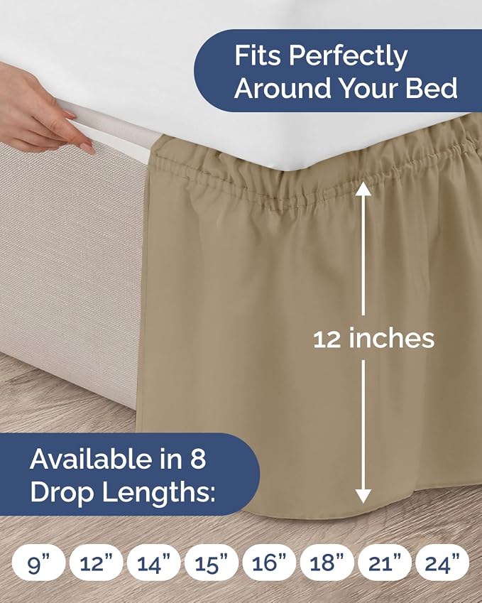Wrap Around Dust Ruffle Bed Skirt, Full Size Beds - 12 Inch Drop, Beige | Easy Fit Elastic Strap, Adjustable Pleated Bedskirt w/Brushed Fabric, Wrinkle & Fade Free, for Women, Men, Kids & Teens