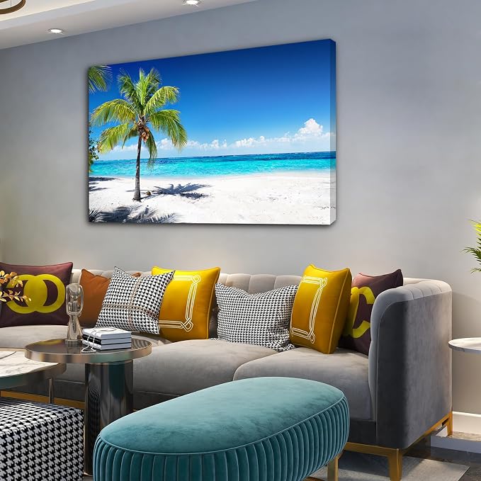 Baisuart-S03969 Large Canvas Wall Art Summer Ocean Waves Prints Coconut Trees on Sands Beach Seascape Painting Sea Nature Pictures Framed for Living Room Home Office Wall Decor Artwork