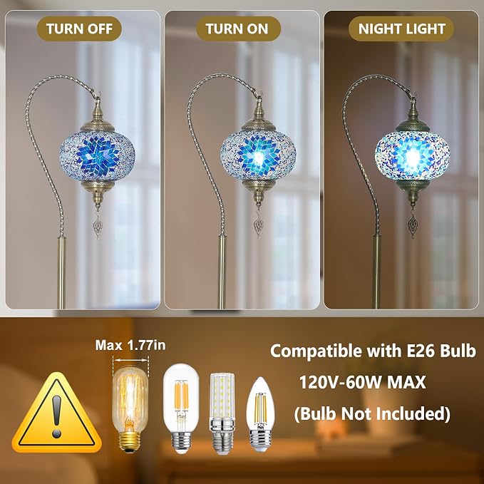 LAMSU Turkish Moroccan Floor Lamp, Tiffany Lamp with Handmade Mosaic Glass Shade, Bronze Base, Swan Neck Tall Standing Lamps for Living Room Bedroom Corner Light Home Decor, Blue