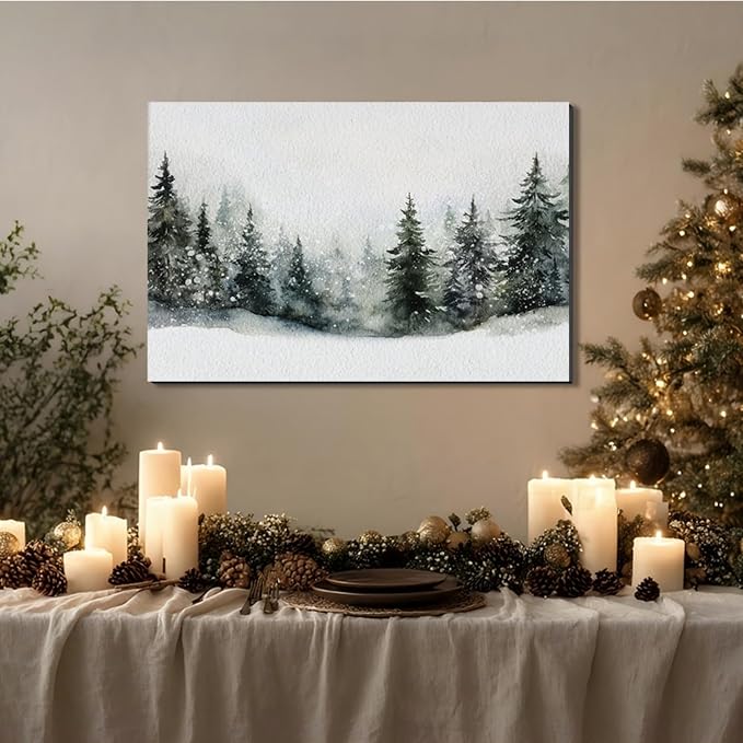 Framed Christmas Wall Art 8x12 inch, Pine Tree Artwork Christmas Decoration Indoor, Rustic Landscape Snow Winter Forest Painting Canvas Print Wall Picture for Living Room Decor
