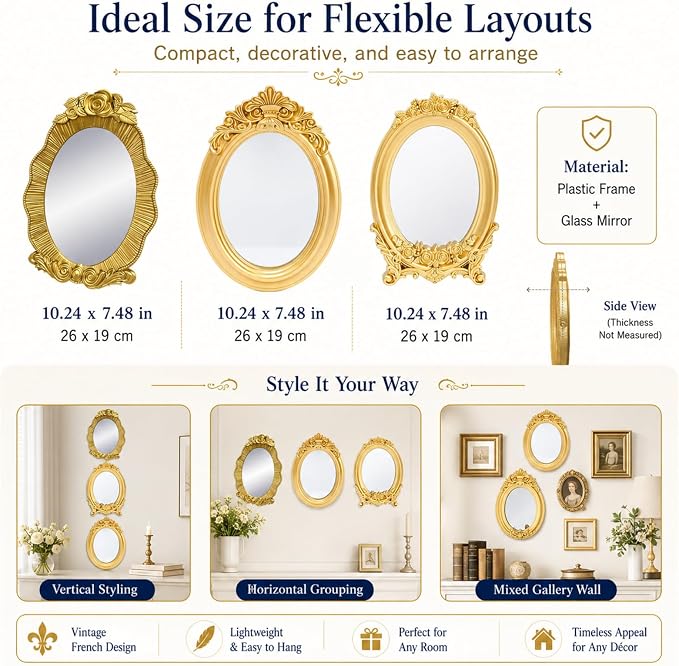 Mifoci Vintage French Wall Mirror Set of 3 Antique Gallery Decor,Oval