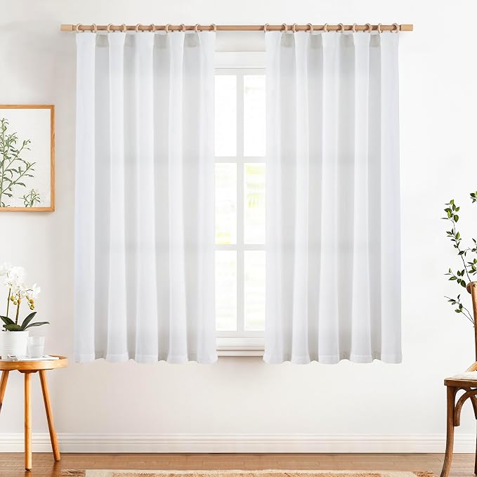 jinchan Linen Curtains Light Filtering Back Tab 50x63 Inch 2 Panels White | Semi Sheer Curtains 63 inch length for Bedroom Living Room, Modern Farmhouse Drapes with Rod Pocket, Natural Boho Curtains