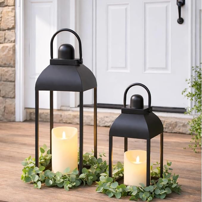 Lanterns Decorative Outdoor Indoor, 17'' 13'' Black Metal Outdoor Lanterns | Set of 2 Modern Farmhouse Candle Lantern Decor Rustic Lanterns Centerpieces for Patio, Front Porch, Mantel, Wedding, No Glass