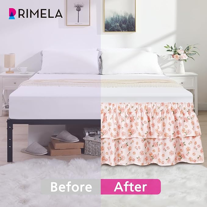 RIMELA Ruffle Bed Skirt Pink Rose Floral Queen 15 Inch Drop, Elastic Wrap Around Bed Skirting Queen Size, Easy to Install Dust Ruffle, Machine Washable Soft Fabric, Multi Ruffle Bedskirt